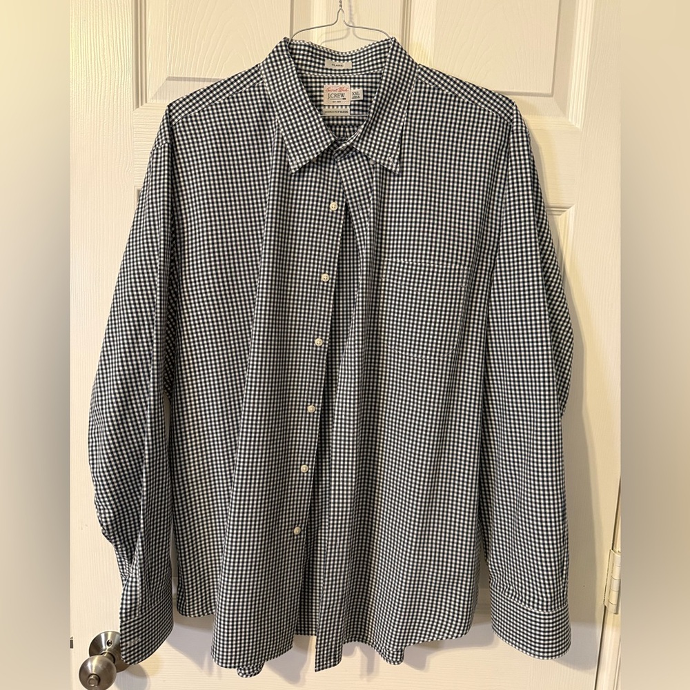 J Crew Secret Wash Cotton Shirt, Navy Blue/White Gingham, XXL, EUC